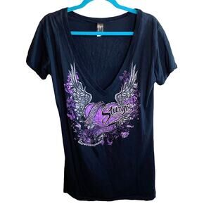 Hot Leathers Graphic V-Neck Tee Winged Motorcycle Biker Top Size Large